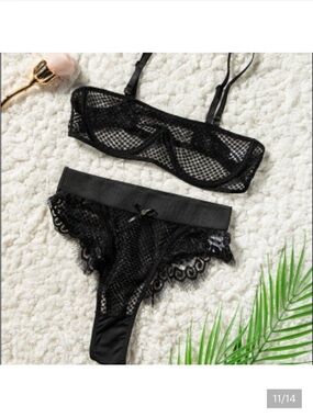 Black Lace Mesh Bralette & Bikini Set - Women's Intimates